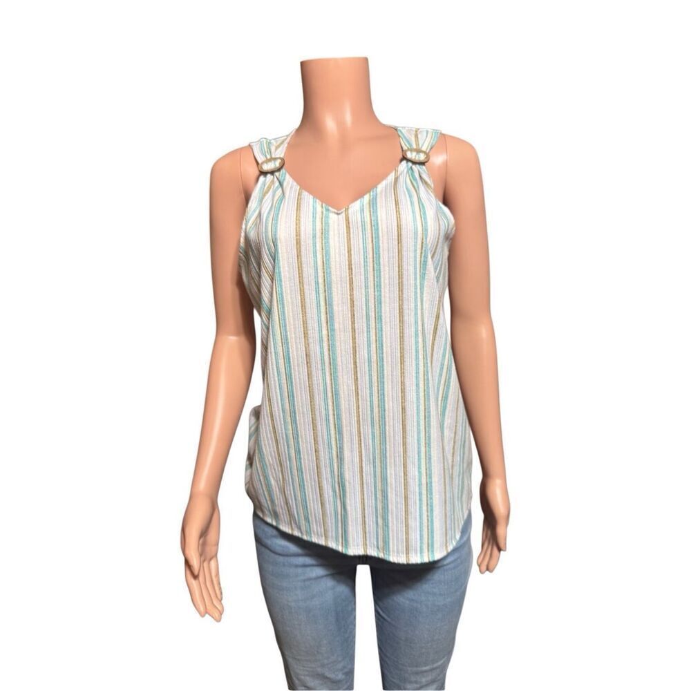 Cure women's striped v neck tank top with o-ring detail L